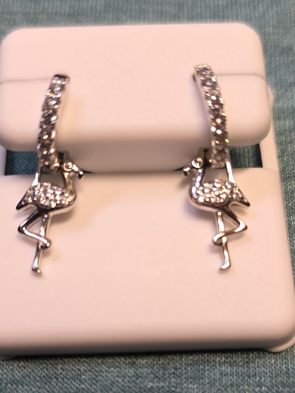 Silver Flamingo Hoop Drop Earrings with Spinel Gemstones Accents